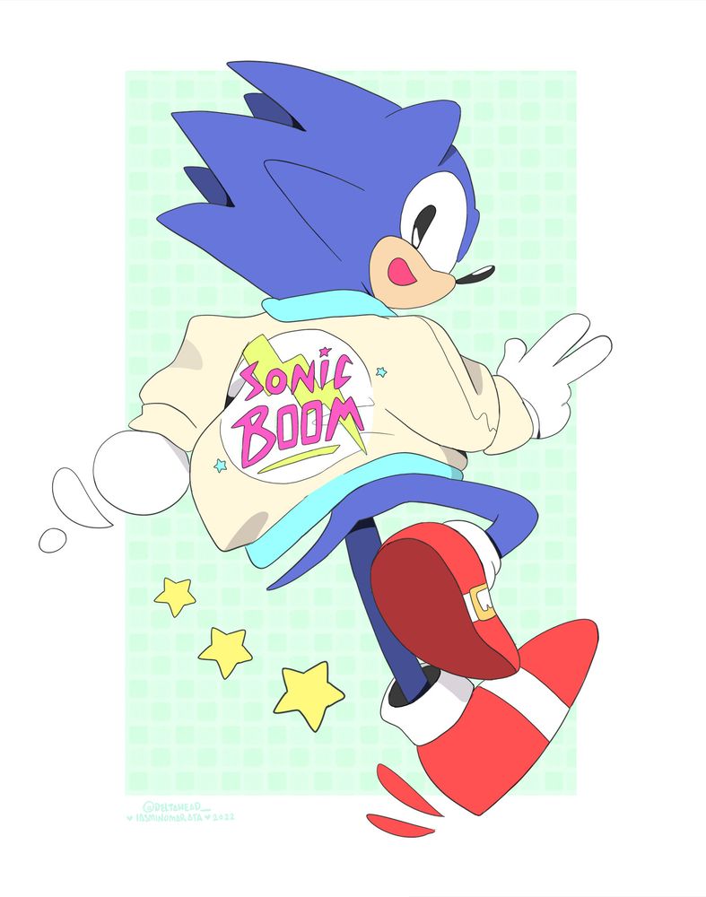an illustration of junio/toei sonic (from sonic CD) posing and happily looking at the viewer, wearing a 90's-looking beige varsity jacket that says "SONIC BOOM" on the back in bright pink letters.