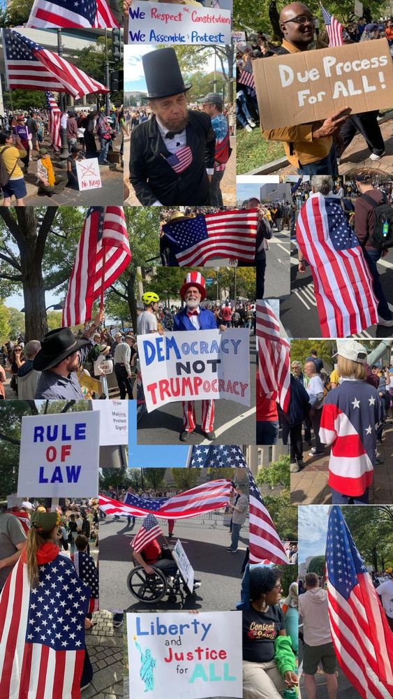 A collage of photos of people at the No Kings rally holding America flags. Also, a man dressed like Abraham Lincoln. Another man dressed as Uncle Sam. Signs saying "Rule of Law" "Liberty and Justice for All" "Due Process for All" and "Democracy not Trumpocracy."