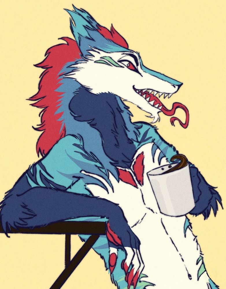 Smerkle happily drinking his Cup of Coffee while his tongue sticks out.’✨👅☕️