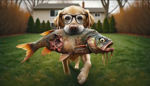 A yellow Labrador Retriever wearing large black glasses stands on a neatly mowed lawn in front of a suburban house. The dog is proudly holding a large, decaying fish in its mouth. The fish has visible teeth, torn skin, and a grotesque expression—contrasting with the dog’s friendly, eager demeanor. The image humorously illustrates the idea that AI, like a well-meaning dog, may deliver something confidently but not necessarily accurate or useful.