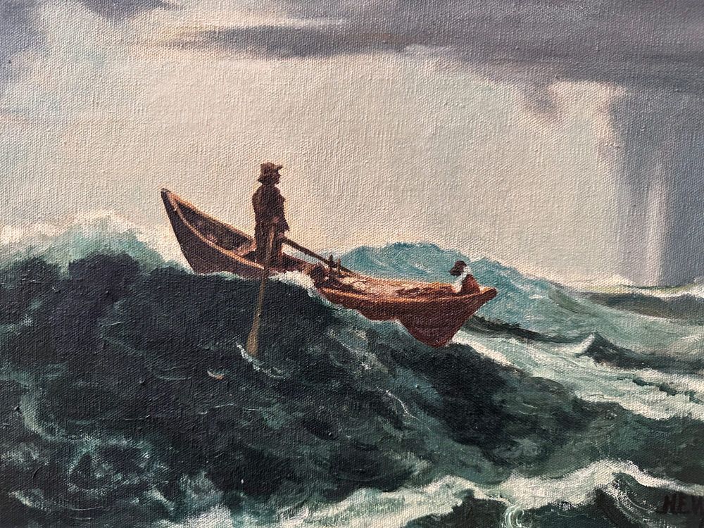 Detail of oil painting, showing a man standing in a large brown rowboat, holding the oars, with a small brown dog seated at the other end of the boat. The boat is angled against big sea-blue waves with whitecaps. The sky is mostly white in the foreground but gray clouds appear at the top of the image, and rainfall is visible at right. The dog has what appears to be a white life jacket around its neck.