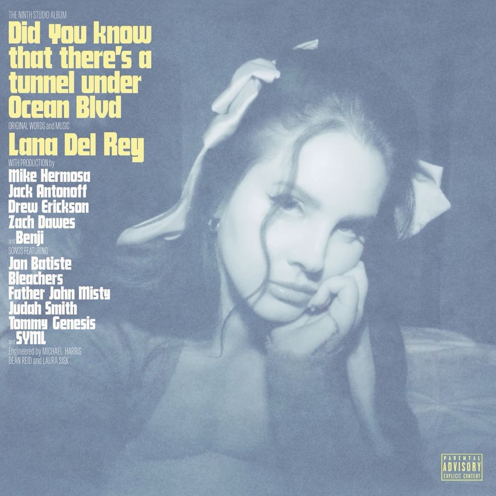 Album cover for Lana Del Rey’s “Did you know there’s a tunnel under Ocean Blvd” with b&w image of artist with bow in her hair, the name of the album in yellow, and a list of collaborators in white
