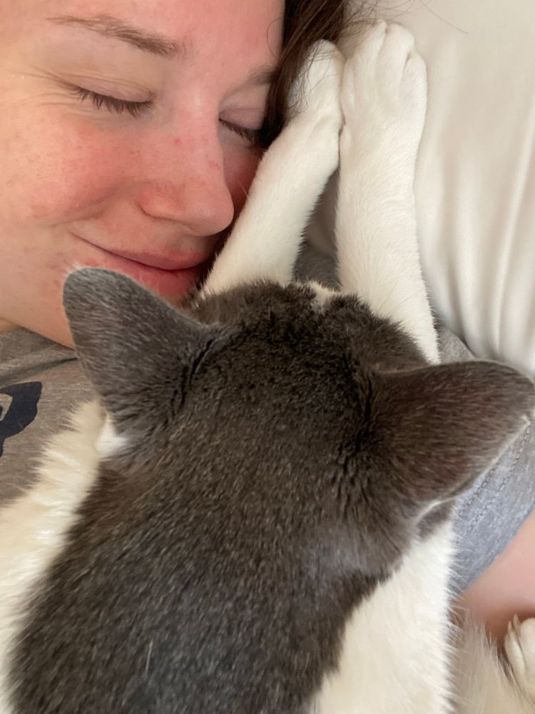 a grey and white cat stretches his front paws across a woman’s shoulders in this portrait