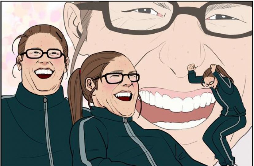 jugyeong, a young woman from the webtoon “true beauty,” in her natural state sans makeup being shown to gleefully celebrate in four different ways. her hair is slicked back in a messy ponytail, and she wears black rectangular glasses and a phthalo green tracksuit