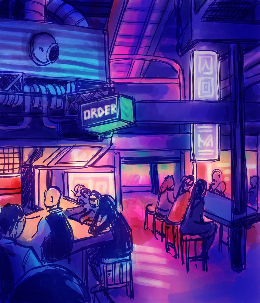 Digital sketch of a busy futuristic bar scene with lots of neon lighting