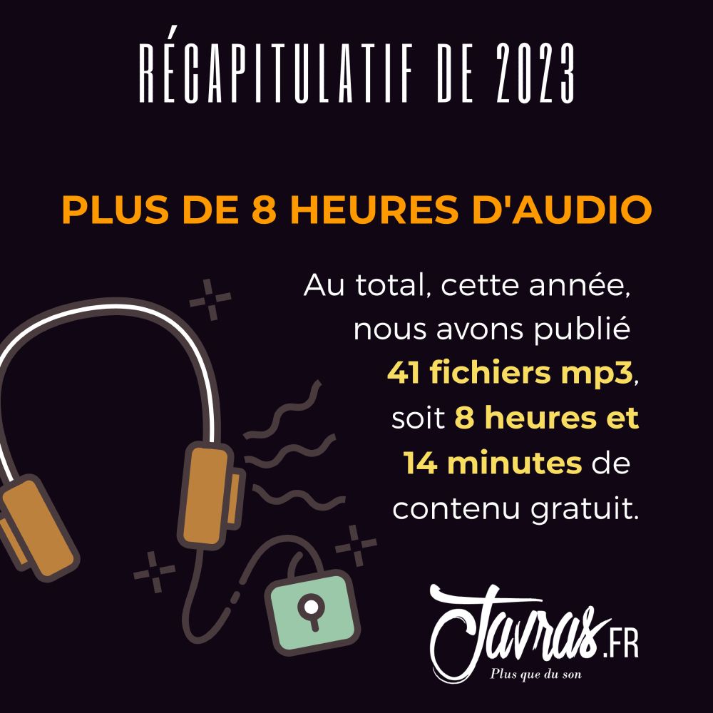 Plus de 8 heures d'audio
Au total, cette année, nous avons publié 41 fichiers mp3, soit 8 heures et 14 minutes de contenu gratuit.