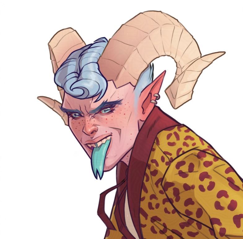 Close up of Dove's face. He has bushy brows, a gap tooth, sharp teeth, teal forked tongue, pointed pierced ears, and ram horns. His skin is light pink and his hair is light blue in a pompadour.