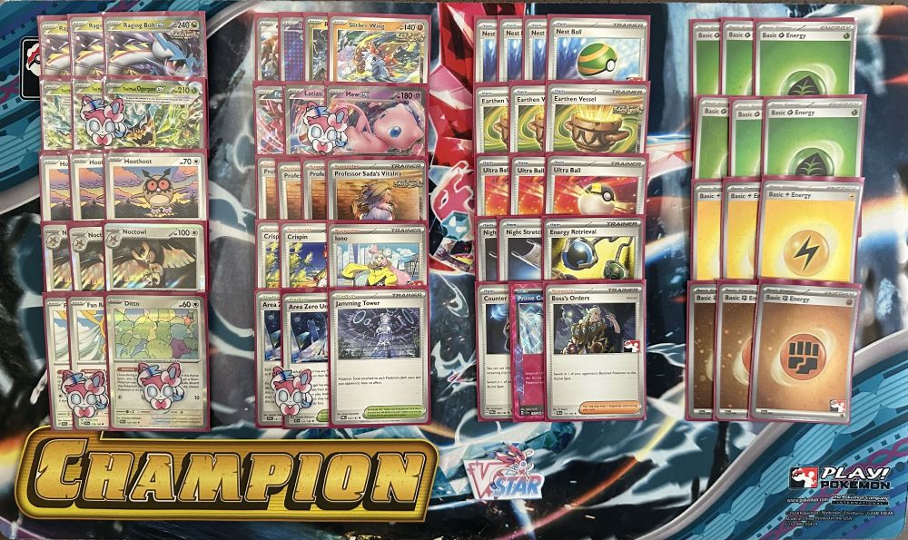 An image of the deck layed out on top of a playmat with various tokens placed on it (next image is decklist)