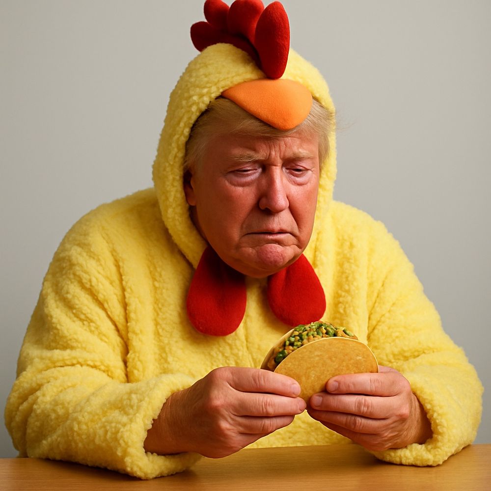 Donald Trump wearing a bright yellow chicken costume with a red comb and wattle is sitting at a table, looking sad and holding a taco filled with vegetables. His expression is solemn, and he appears to be on the verge of tears. The background is plain and neutral.