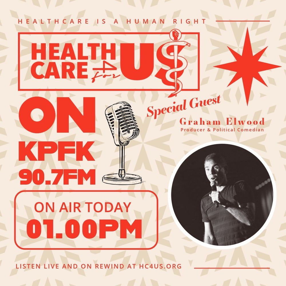 Light yellow background with red lettering to promote HC4US radio show. Includes HC4US logo and a radio mic with a picture of today's guest in the bottom right corner.