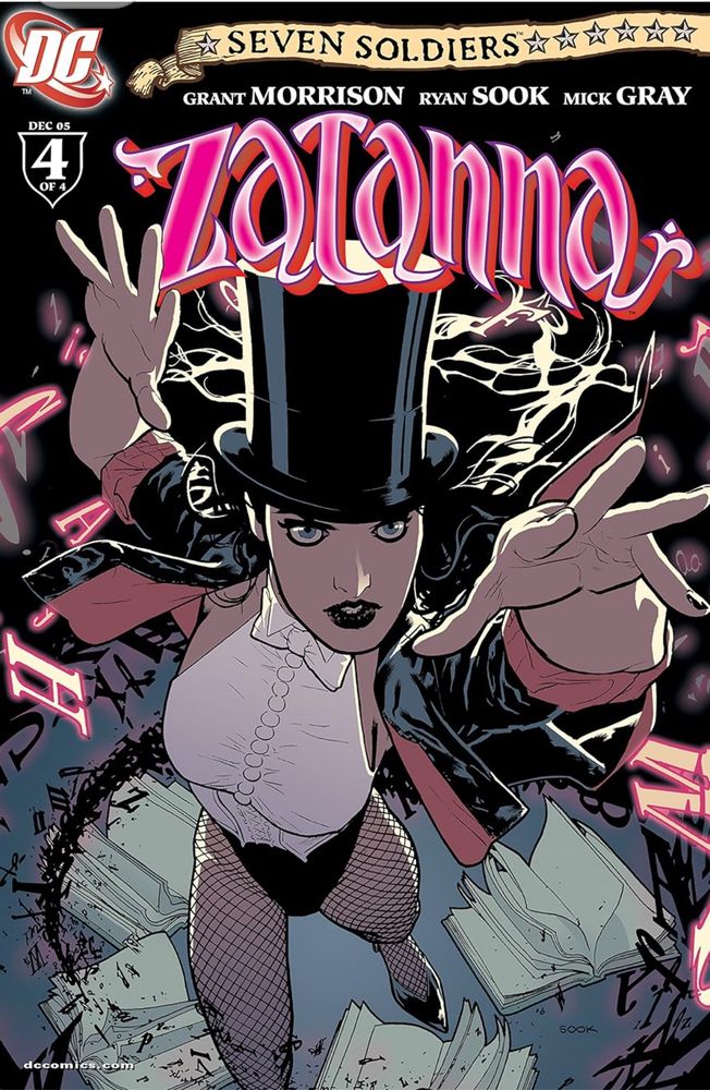 Zatanna comic book cover of a beautiful woman in a sexy tuxedo shirt and jacket and fishnets and top hat casting a spell with books flapping around her. Art by Ryan Sook