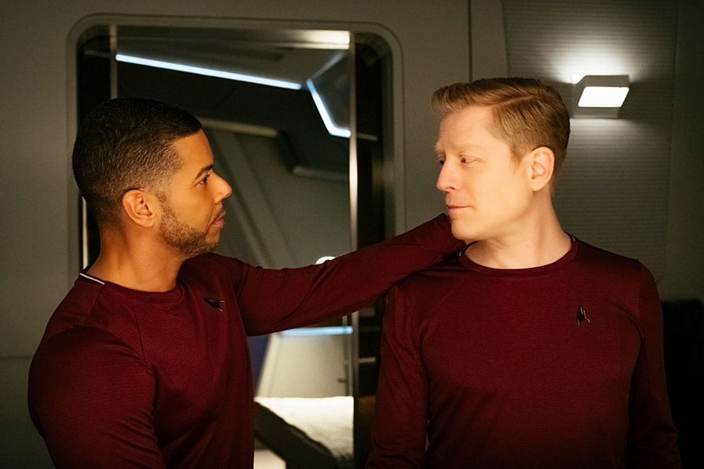 Wilson Cruz as Hugh Culber and Anthony Rapp as Paul Stamets embrace in their quarters. 

Both Wilson Cruz and Anthony Rapp were effusive about the toothbrushing scene that capped off "Choose Your Pain", Rapp saying: "When I first read the tooth-brushing scene, I was really, um… grateful for that chance, you know, to show something really domestic and simple and heartfelt, but also not mushy."