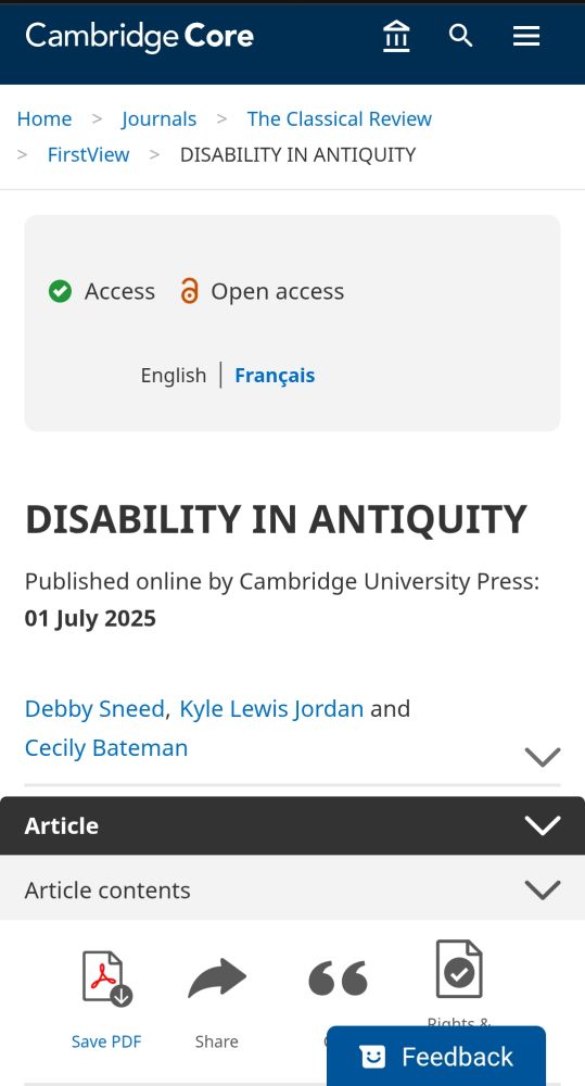 Cambridge Core webpage for an article titled "Disability in Antiquity".