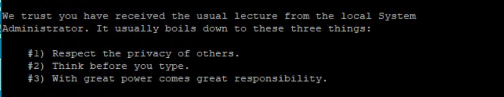 We trust you have received the usual lecture from the local System Administrator. It usually boils down to these three things:
1. Respect the privacy of others.
2. Think before you type.
3. With great power comes great responsibility.