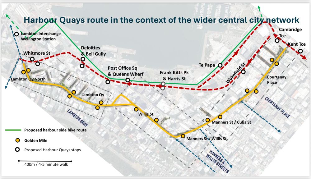 Map showing the proposed Harbour Quays bus route with existing Golden Mile stops and proposed future Harbour Quays stops.