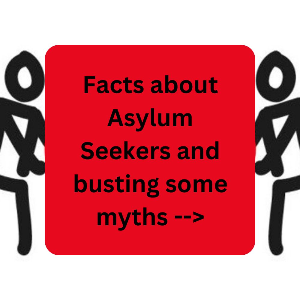 Two stick men holding a red bloc with the phrasing 'Facts about Asylum Seekers and busting some myths' written on it followed by an arrow pointing to the right.