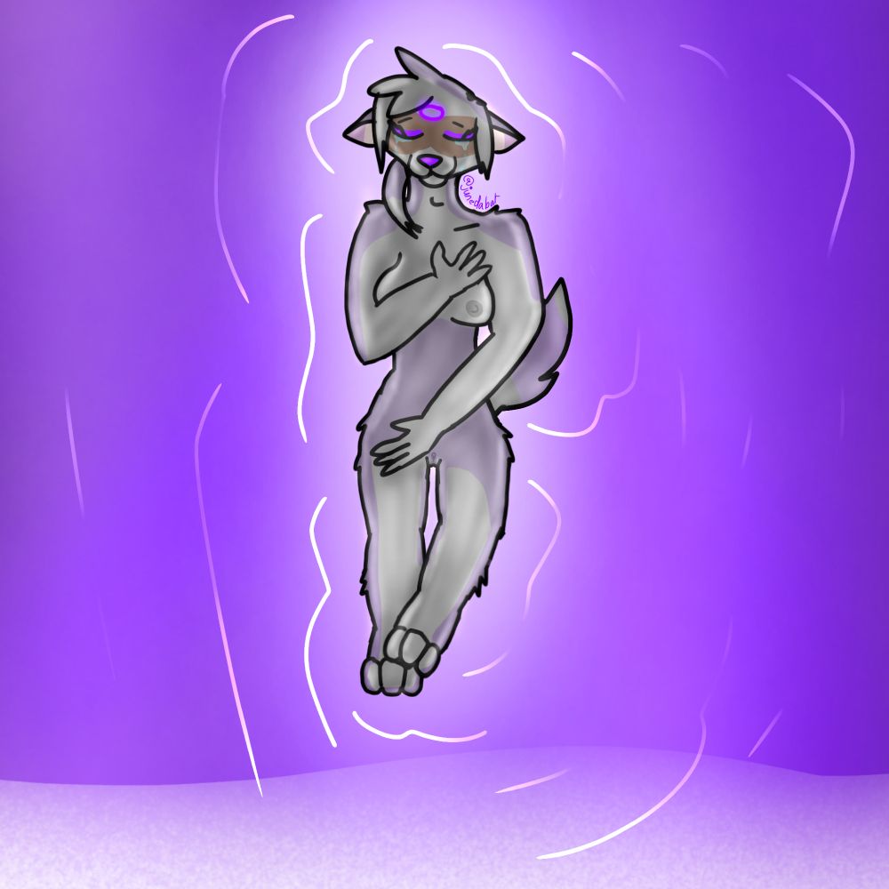 Drawing of an anthropomorphic wolf (Luna) as an adult, feeling her naked body while shedding tears of joy. She is floating on a purple sea, with white sands. 