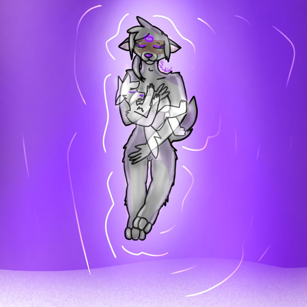 Drawing of an anthropomorphic wolf (Luna) as an adult, feeling her naked body while shedding tears of joy. She is floating on a purple sea, with white sands. 

On top of her is a manifestation of her inner child, finally healed.