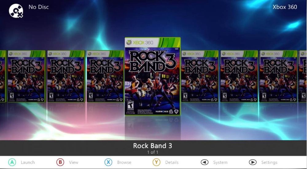 A screenshot of a modded Xbox 360 with Aurora showing the carousel of games. There is only one game, which is Rock Band 3 repeated various times.