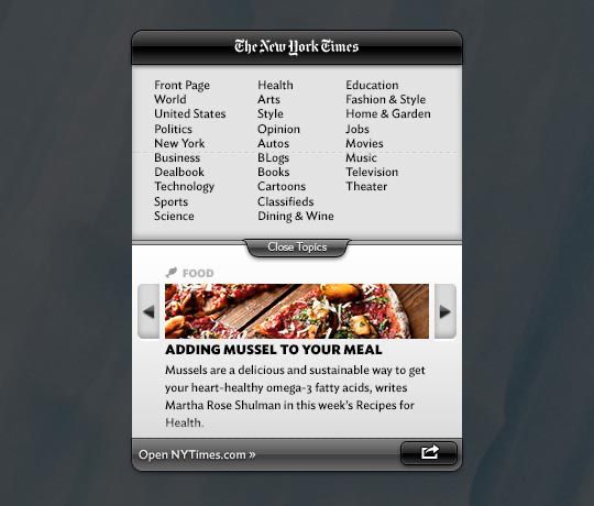 this is the expanded state of the widget. The topic options include things like Front Page, World, United States, Technology, and all of the other sections of the NY Times that you would expect.