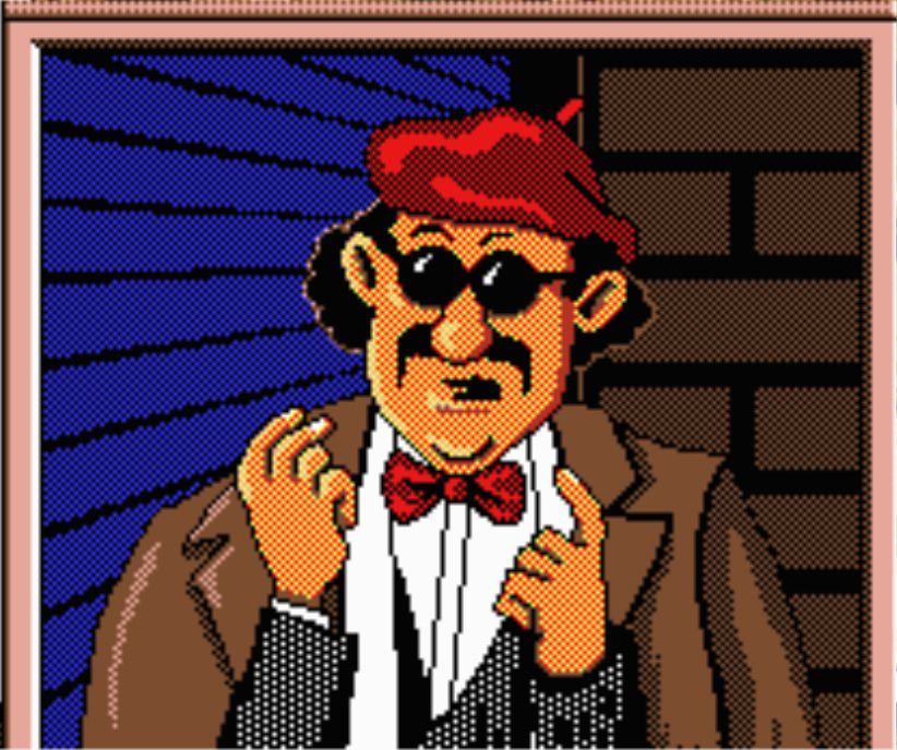 Pixelated portrait from 1996 Carmen Sandiego game showing a man in sunglasses, red beret, brown suit jacket, white shirt and red bow tie, smoking and pointing upward with one finger in a detective game art style.