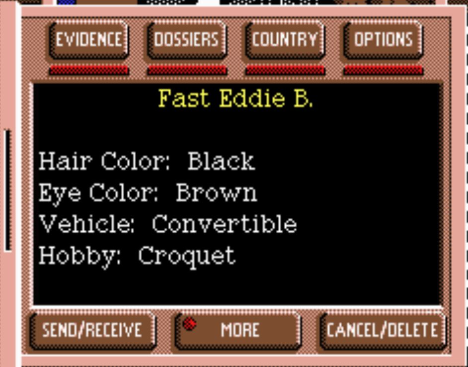 Carmen Sandiego game character profile screen for 'Fast Eddie B.' showing stats: Hair Color: Black, Eye Color: Brown, Vehicle: Convertible, Hobby: Croquet, with navigation buttons at bottom