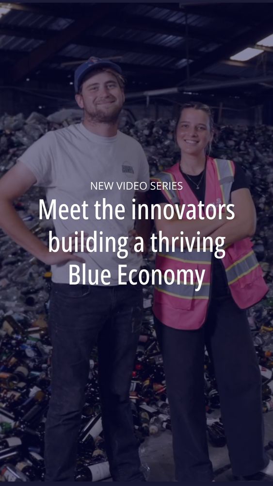Promotional image for a new video series titled 'Meet the innovators building a thriving Blue Economy,' featuring two individuals in a recycling plant.