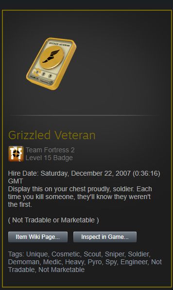 Grizzled Veteran item from Team Fortress 2 displaying a hire date of December 22nd, 2007. 