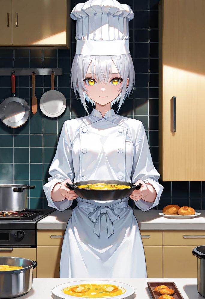 masterpiece, best quality, ultra detailed, 
very aesthetic, absurdres, 
1girl, silver hair, short hair, yellow eyes, 
standing, looking at viewer, cowboy shot, 
light smile, 
chef hat, 
cooking, plate,
Negative prompt: worst quality, low quality, watermark, signature, username, text, monochrome, sepia, greyscale,
Steps: 20, Sampler: DPM++ 2M SDE, Schedule type: Karras, CFG scale: 5, Seed: 3441189061, Size: 832x1216, Model hash: e01eb6b169, Model: novaOrangeXL_v50_1201282, Version: f2.0.1v1.10.1-previous-636-gb835f24a