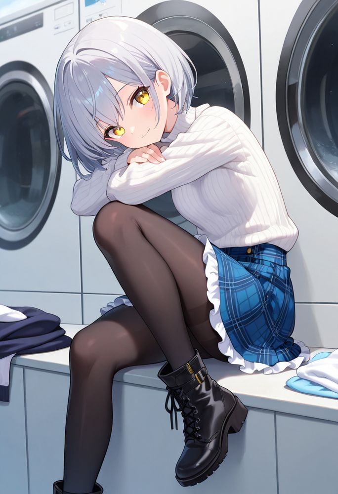 masterpiece, best quality, detailed, 
1girl, silver hair, short hair, yellow eyes, 
light smile, sitting, 
white turtleneck sweater, 
blue skirt, plaid skirt, frilled skirt, 
black pantyhose, black legwear, 
black boots, black ankle boots, 
laundry,
Negative prompt: worst quality, low quality, watermark, signature, username, text, monochrome, sketch, sepia, greyscale, realistic,
Steps: 20, Sampler: DPM++ 2M, Schedule type: Karras, CFG scale: 5, Seed: 53028407, Size: 832x1216, Model hash: 893d8bbc0c, Model: steinillustrious_v4_1234017, Version: f2.0.1v1.10.1-previous-636-gb835f24a