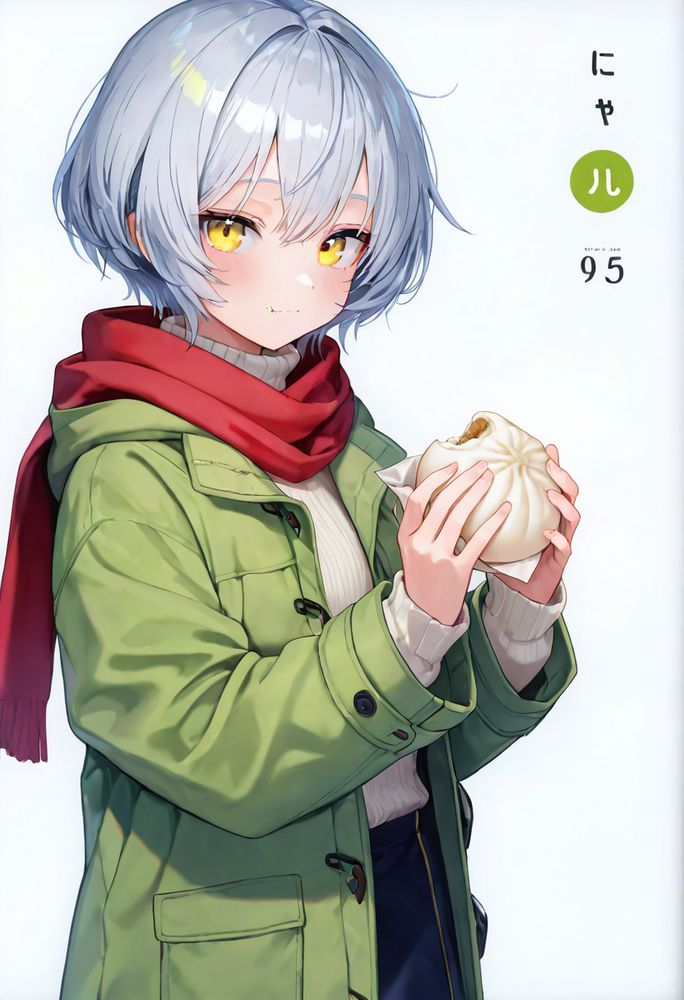masterpiece, best quality, detailed, 
very aesthetic, absurdres, 
1girl, silver hair, short hair, yellow eyes, 
standing, looking at viewer, portrait, 
light smile, 
olive green parka, overcoat, open clothes, 
white turtleneck sweater, 
red scarf, 
nikuman, baozi, holding, two-handed, eating, 
simple background, white background, splash page,
Negative prompt: worst quality, low quality, watermark, signature, username, text, monochrome, sepia, greyscale,
Steps: 20, Sampler: DPM++ 2M, Schedule type: Karras, CFG scale: 4, Seed: 3706266387, Size: 832x1216, Model hash: 0b327d283d, Model: asyncsMIXILLUSTRIOUS_ilV10_1225018, Version: f2.0.1v1.10.1-previous-636-gb835f24a