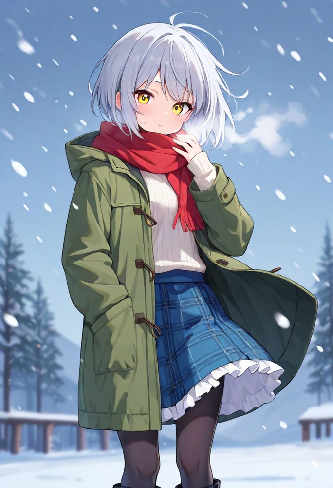 masterpiece, best quality, detailed, 
very aesthetic, absurdres, 
1girl, silver hair, short hair, yellow eyes, 
standing, looking at viewer, cowboy shot, 
cold, cold breath, 
olive green parka, overcoat, open clothes, 
white turtleneck sweater, 
red scarf, 
blue skirt, plaid skirt, frilled skirt, 
black pantyhose, black legwear, 
black boots, black ankle boots, 
snow, snowstorm, wind, wind lift, depth of field, blurry, powder light,
Negative prompt: (worst quality:1.2), (low quality:1.2), watermark, signature, username, text, monochrome, sepia, greyscale, realistic,
Steps: 20, Sampler: DPM++ 2M, Schedule type: Karras, CFG scale: 5, Seed: 1371120231, Size: 832x1216, Model hash: 77caf2cf40, Model: calicomixEroill_v25_1202730, Emphasis: No norm, Version: f2.0.1v1.10.1-previous-636-gb835f24a