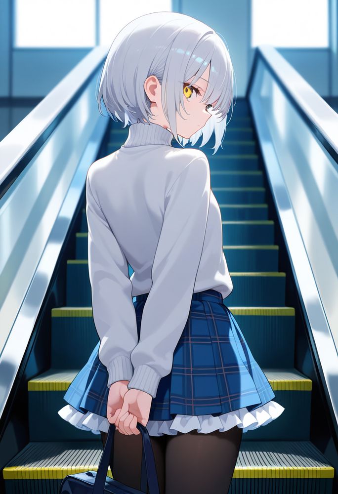 masterpiece, best quality, detailed, 
very aesthetic, absurdres, 
1girl, silver hair, short hair, yellow eyes, 
expressionless, 
standing, looking at viewer, cowboy shot, from behind, 
(arms behind back:1.1), holding bag, school bag, 
white turtleneck sweater, 
blue skirt, plaid skirt, (frilled skirt:1.2), 
black pantyhose, black legwear, 
escalator,
Negative prompt: worst quality, low quality, watermark, signature, username, text, monochrome, sketch, sepia, greyscale, realistic,
Steps: 20, Sampler: Euler a, Schedule type: Karras, CFG scale: 5, Seed: 2471096637, Size: 832x1216, Model hash: 6c19db3095, Model: boobai_v40_1357515, Emphasis: No norm, Version: f2.0.1v1.10.1-previous-659-gc055f2d4