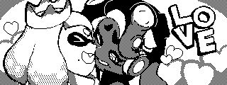 An ideal version of the previous image of Pearl and Marina from the Splatoon series facing each other tenderly with the word "LOVE" on the right.