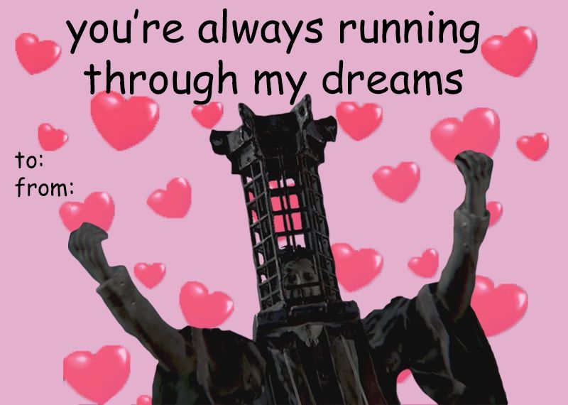 Comic sans valentine's card featuring Micolash from Bloodborne with text "you're always running through my dreams"