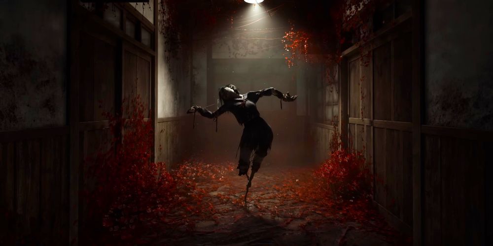 Screenshot from Silent Hill f trailer. A static contorted body stands in the middle of a hallway with red floral growth around it