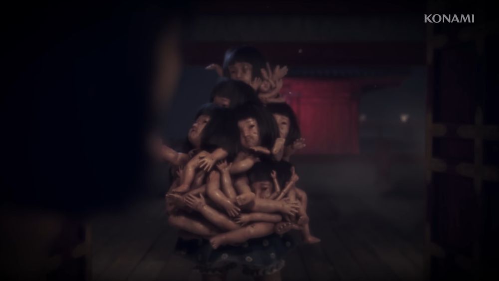 Screenshot from Silent Hill f trailer. A flurry of entangled bodies pursuing the main character 