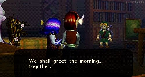 Gif of scene from Majora's Mask with Kafei and Anju. The textbox reads "we shall greet the morning...together"