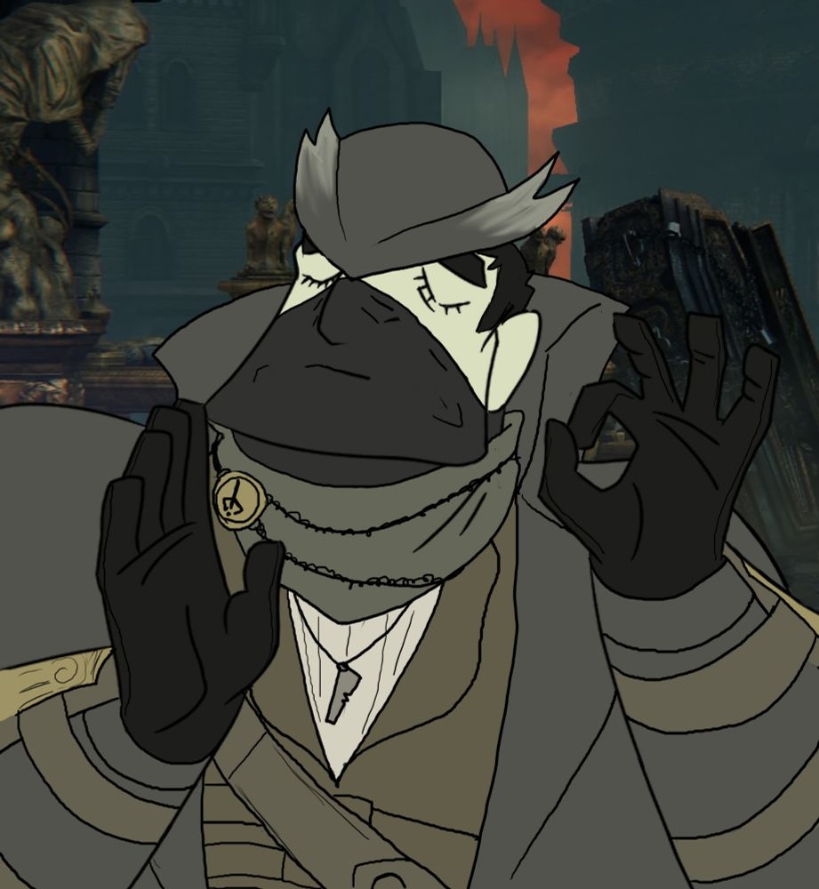Pacha just right meme but it's a Bloodborne hunter