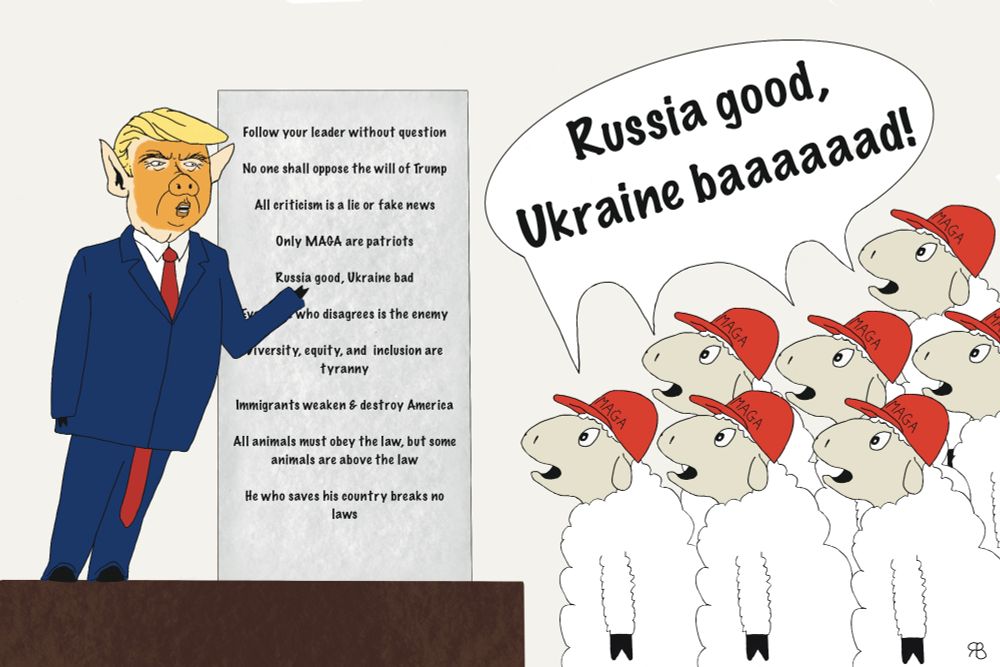 A cartoon of Donald Trump as one of the pigs in Animal Farm pointing to one of his lies and rhetoric while sheep in MAGA hats parrot Russia good, Ukraine baaaaad.