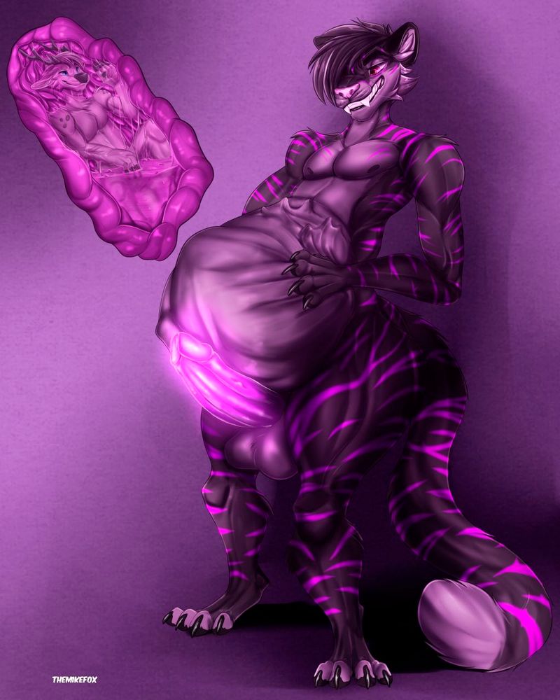 Urzielf the black and purple tiger with a full belly and a raging hardon, Ossian the white deer in an internal view shot stewing in a vividly purple belly