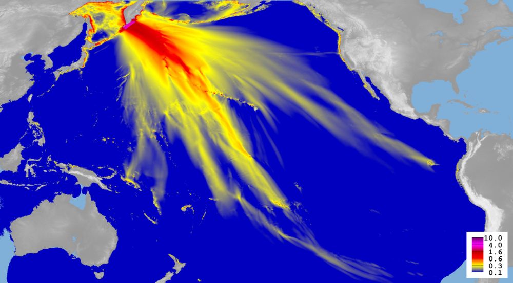 Modelling results for the #Kamchatka tsunami from July 30, 2025. Pacific ocean in dark blue, red and yellow colors show the wave heights. In grey, the land masses of Eurasia (upper left), Australia (lower left) and the Americas (right).