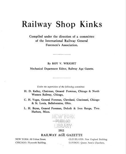 Title page of book entitled “Railway Shop Kinks”