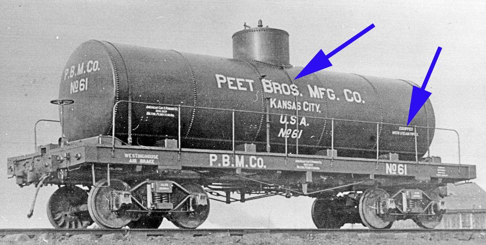 Peet Brothers Manufacturing tank car. Ignore the arrows point to features. 