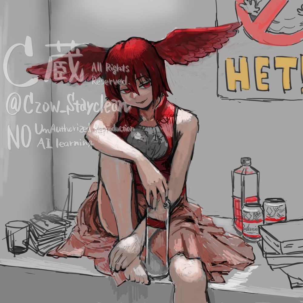 ウオツカとビールのカクテル「レッドバード」の擬人化。頭から羽の生えてる赤髪の女性が酒瓶とビール缶に囲まれてニヤついている様子。