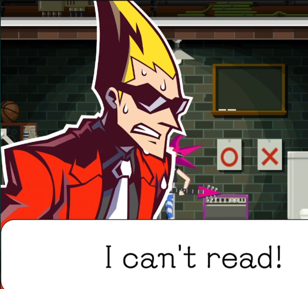 An amnesiac man with spiky blond hair, a red suit, and sunglasses realizes that he's illiterate 