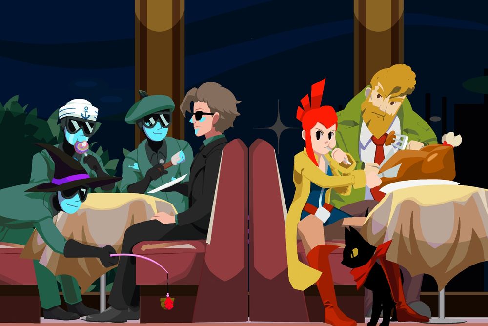 A commission in Ghost Trick's artstyle.

In the Chicken Kitchen, a group of baddies working for the main villains are seated in a chair. The group of 4 couldn't stand out any more. Three of them having trade marked blue skin and in bright green military uniforms and black visors. 

The only thing that makes them stand out from one another is the hat and what they are doing. One of them with a witches hat is trying to play with a black kitten. One of them with a sailor's cap is sucking on a lollipop and crying (can they bring other food in here?!). And the third is wearing an artist cap and carrying a brush. Their fourth companion, a man in black shades, is currently getting painted in blue by the one carrying the brush, looking decidedly grumpy while he's waiting.

In the diner table right behind him, the black cat, Lynne the red haired detective with an endless appetite and a penchant for trouble and Detective Jowd, keep an eye, monitoring the situation while trying to find out what these 4 are up to.  