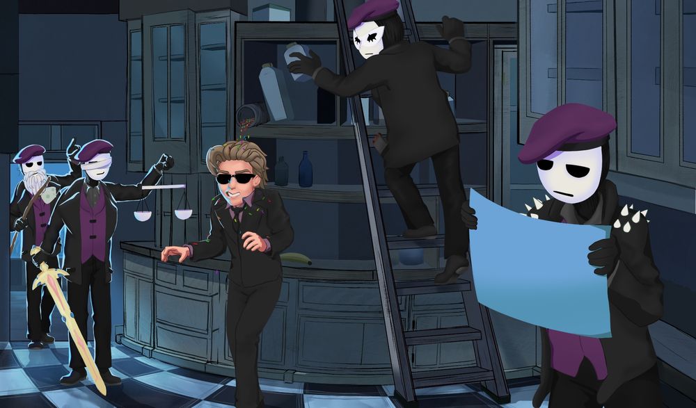 An art piece done in Blue Prince's artstyle.

From left to right, there are 5 individuals. Myself and 4 chat members based off specific viewers who were almost always there.

The far left individual is wearing a beard, carrying a Wizard's staff and having two dice on the end of their staff.

To the right of them, is a chat member evoking Lady Justice with a cloth bandage around the eyes and over the mask. They are carrying Zacian's sword from Pokemon and holding the scales of justice.

To the right of them, is a dashing man with sunglasses and a nice suit frowning as a bunch of sprinkles land on him. The sprinkles were knocked over by a chat member carrying a Nintendo Switch in their pocket and having Joker from Persona 5's mask over their own mask. 

Finally on the far right, a chat member wearing a new biker jacket is reviewing a blue print.