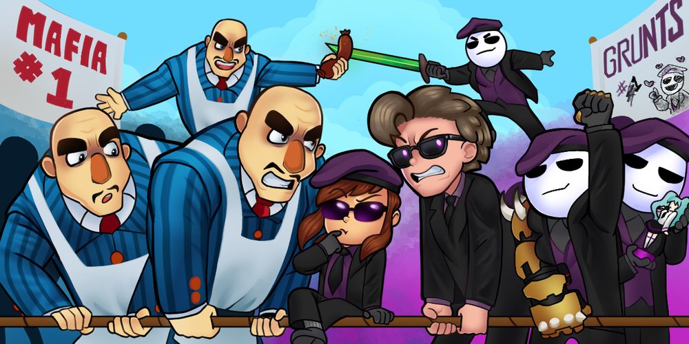 A piece of art commissioned by Rayebug based off the game A Hat in Time and it's loading screens. It's a turf war between the Mafia and myself and my chat, with Hat Girl in chat's uniform to side with us. As a nod to a few specific chatters who popped in during the playthrough, we got Doom Fist's fist, a Hatsune Miku idol, and a green sword. 