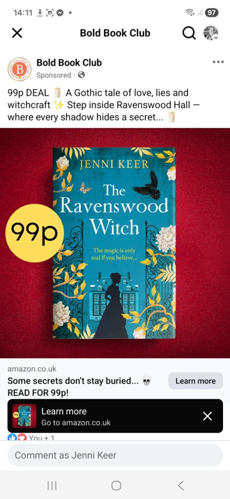 Aqua blue gothic cover with woman in silhouette and a raven. 99p sticker.